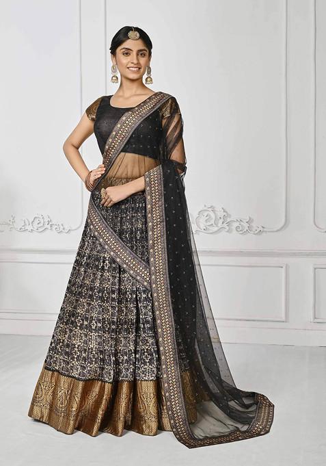 Black Digital Print Silk Blend Lehenga Set