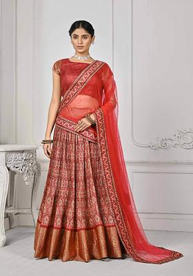 Red Printed Silk Blend Lehenga Set
