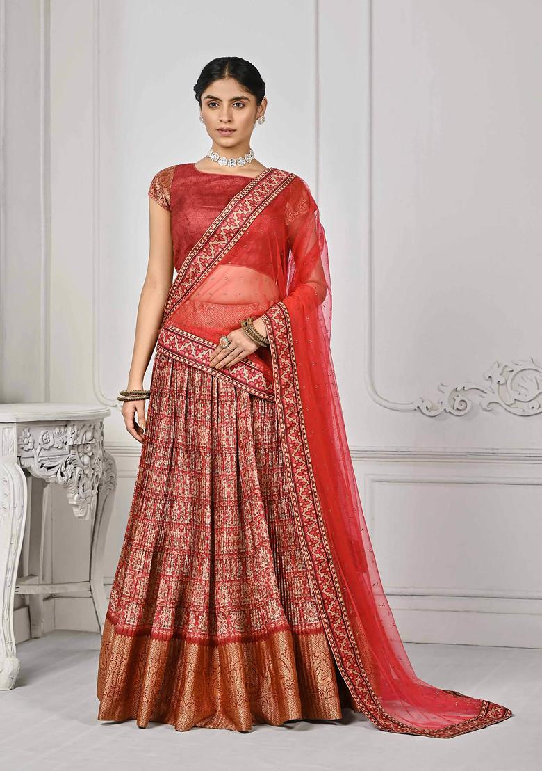 Red Printed Silk Blend Lehenga Set