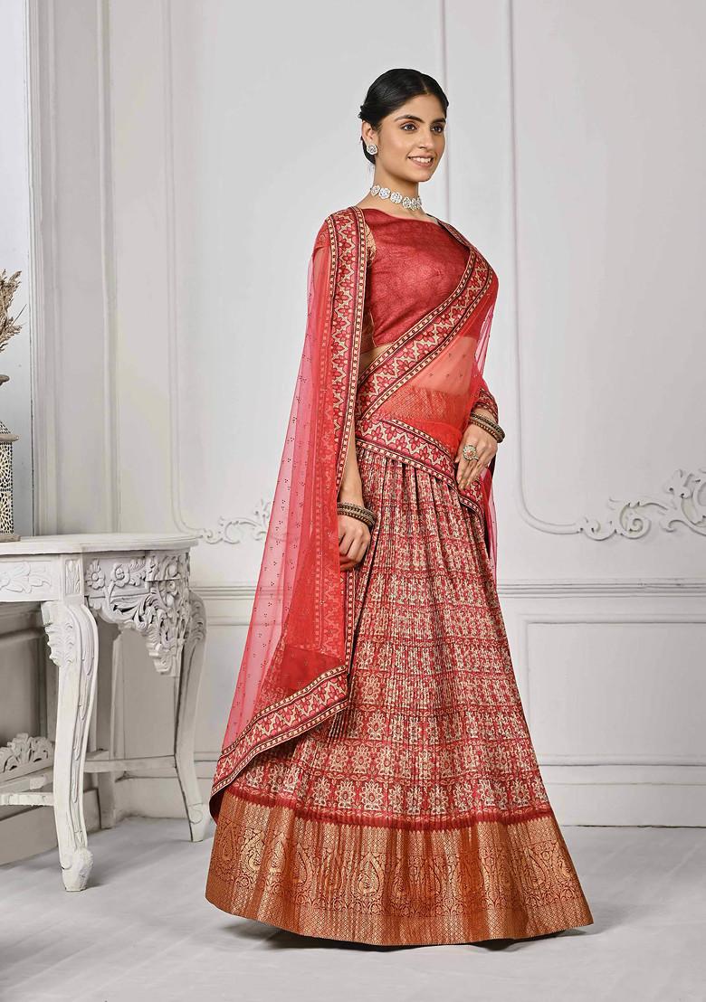 Red Printed Silk Blend Lehenga Set