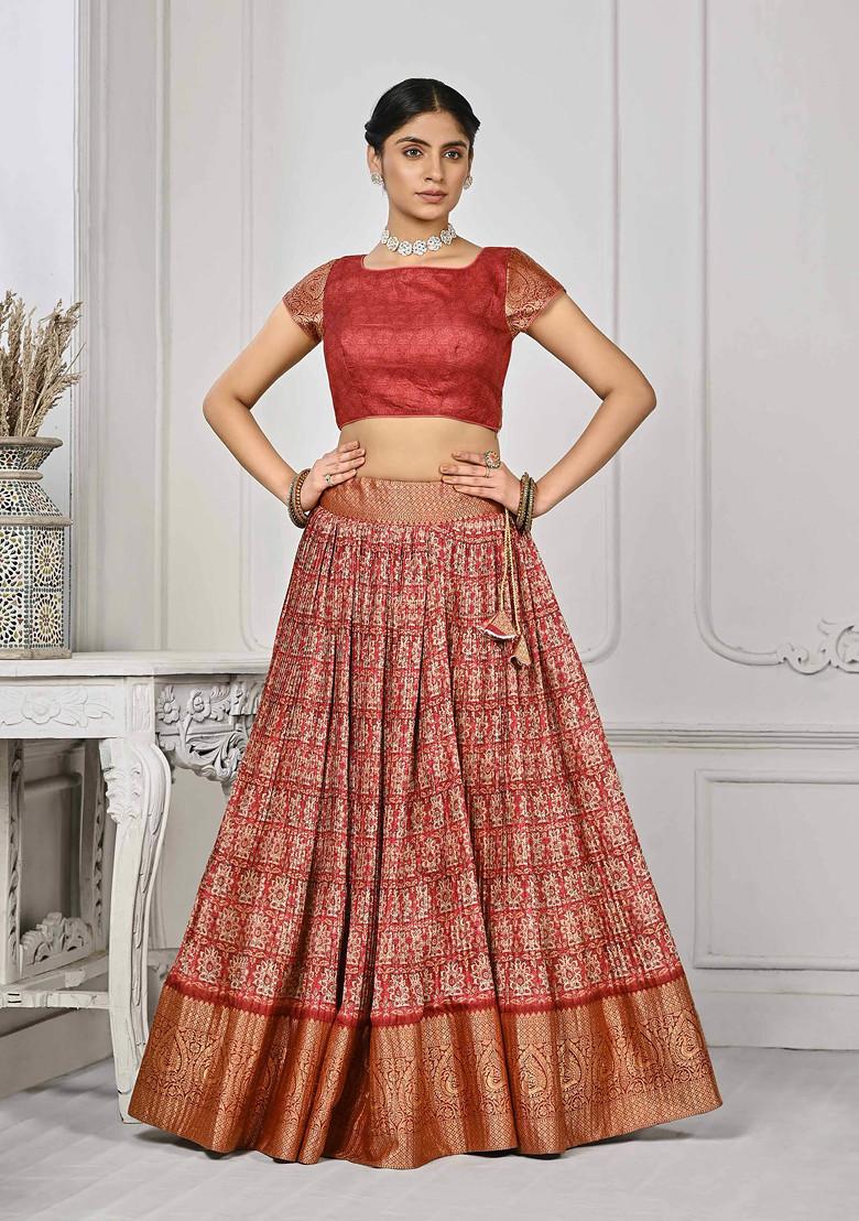 Red Printed Silk Blend Lehenga Set