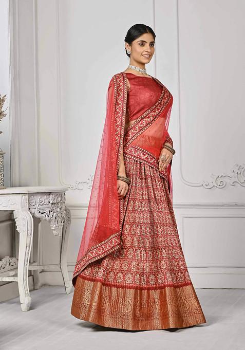 Red Printed Silk Blend Lehenga Set