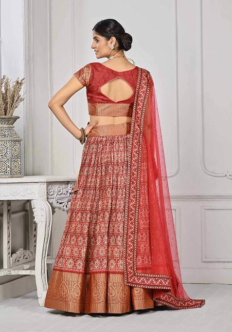 Red Printed Silk Blend Lehenga Set