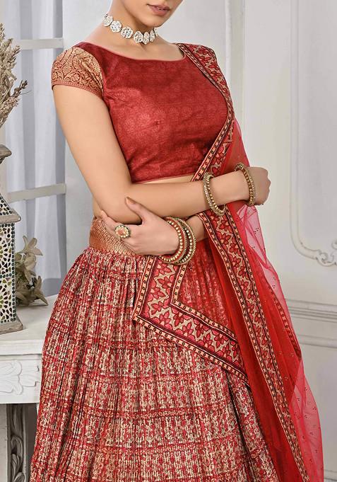 Red Printed Silk Blend Lehenga Set