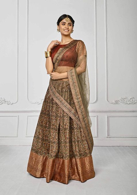 Olive Green Digital Print Silk Blend Lehenga Set