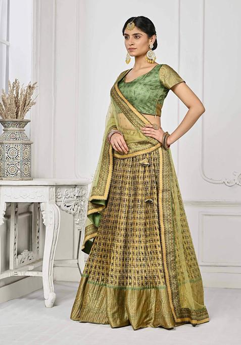 Green Digital Print Lehenga Set