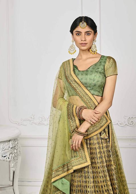 Green Digital Print Lehenga Set