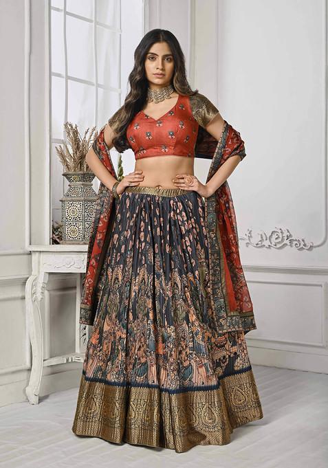 Blue Digital Print Silk Blend Lehenga Set