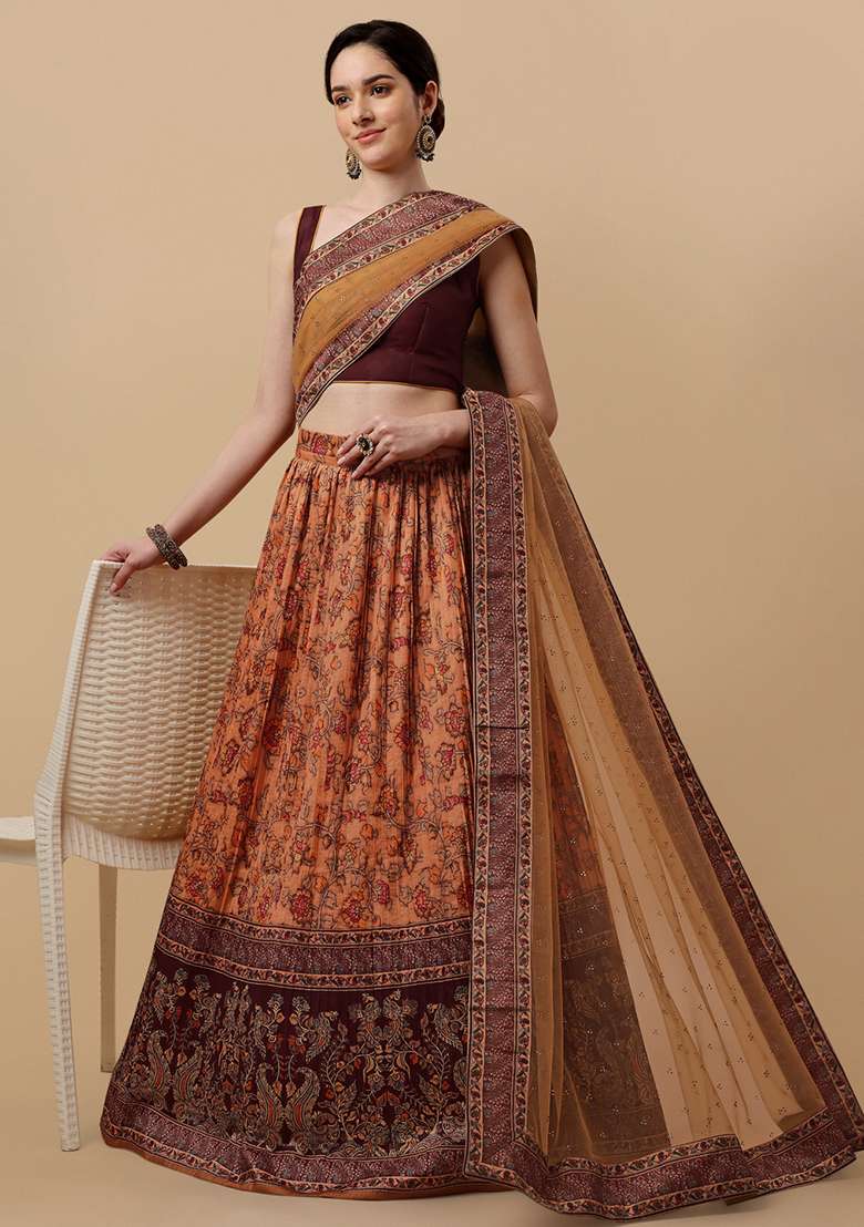 Brown Printed Silk Blend Lehenga Set - Indya