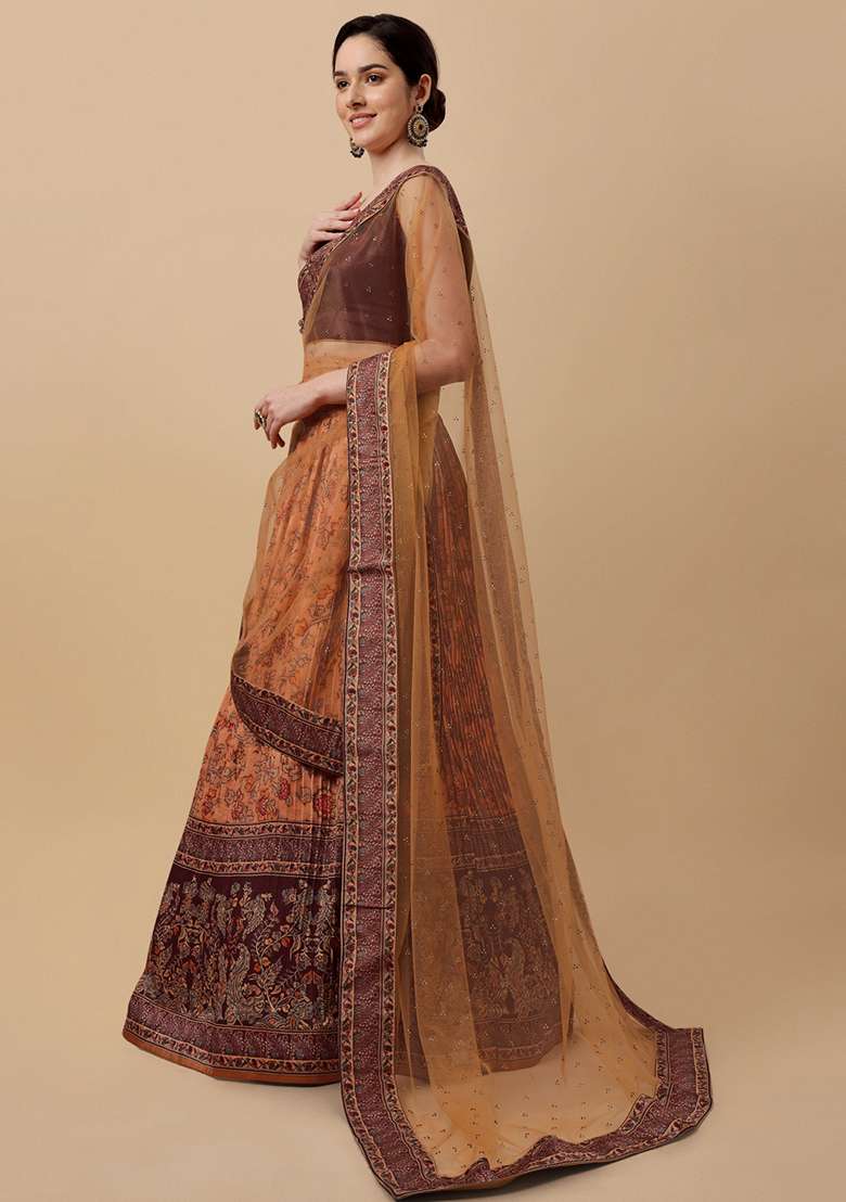 Brown Printed Silk Blend Lehenga Set - Indya
