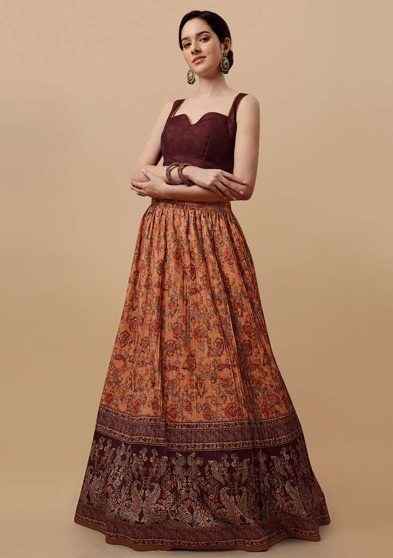 Brown Printed Silk Blend Lehenga Set - Indya