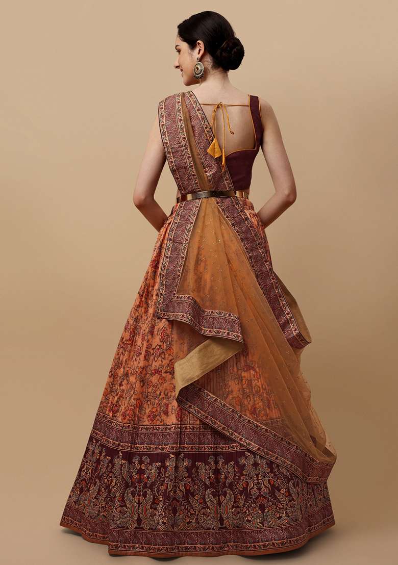 Brown Printed Silk Blend Lehenga Set - Indya
