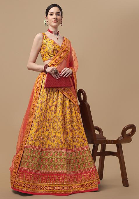 Yellow Printed Silk Blend Lehenga Set