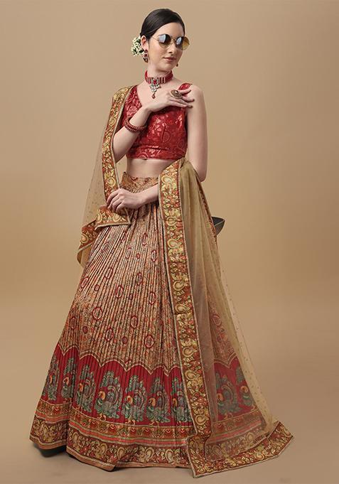 Chiku Brown Printed Silk Blend Lehenga Set