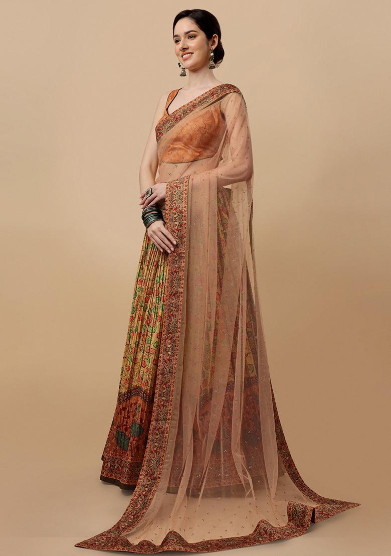 Chiku Brown Digital Print Silk Blend Lehenga Set - Indya