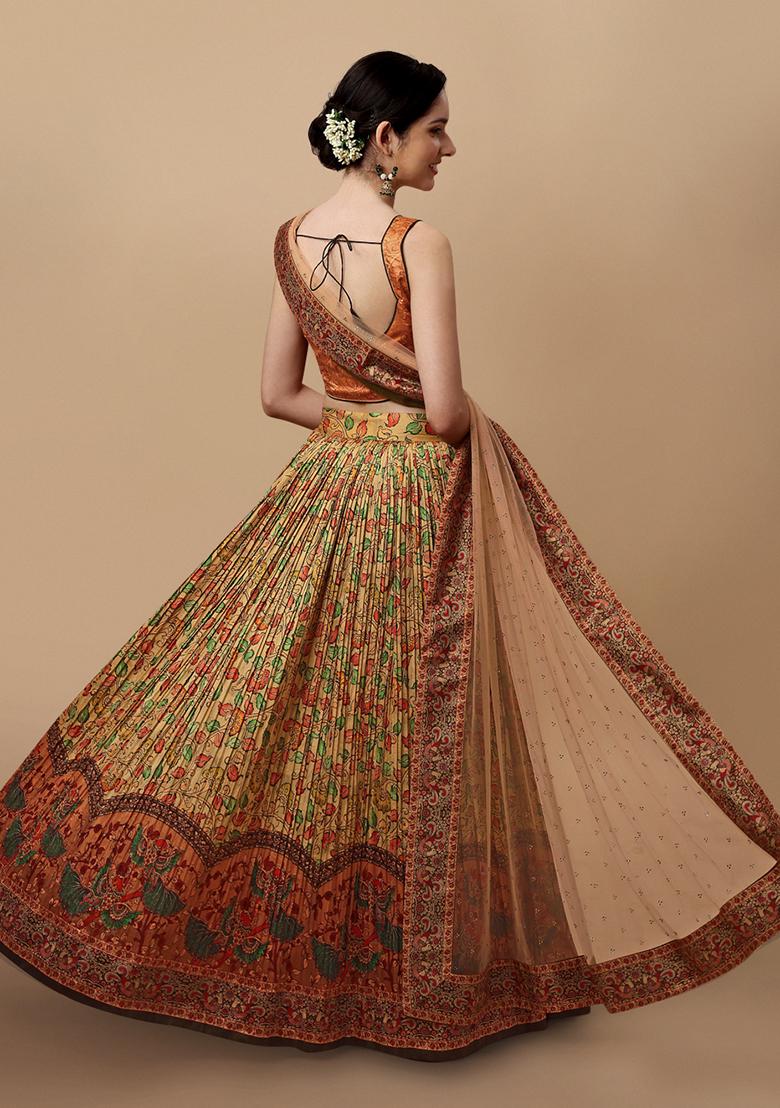 Chiku Brown Digital Print Silk Blend Lehenga Set - Indya