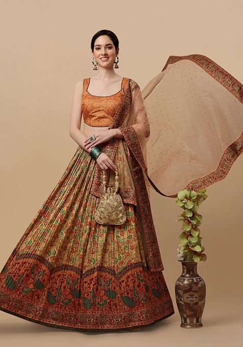 Chiku Brown Digital Print Silk Blend Lehenga Set