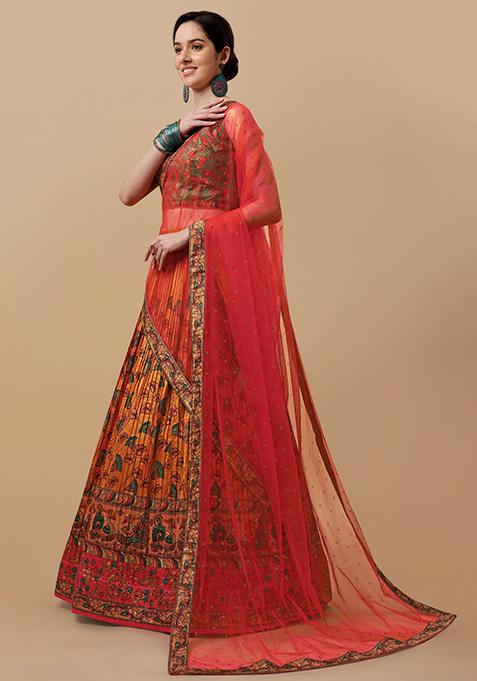 Mustard Printed Silk Blend Lehenga Set