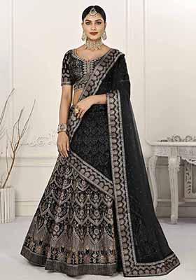 Blue Printed Silk Blend Lehenga Set