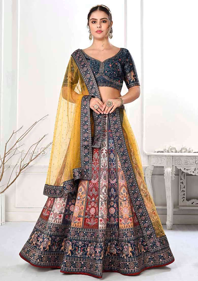 Multicolour Printed Silk Blend Lehenga Set - Indya