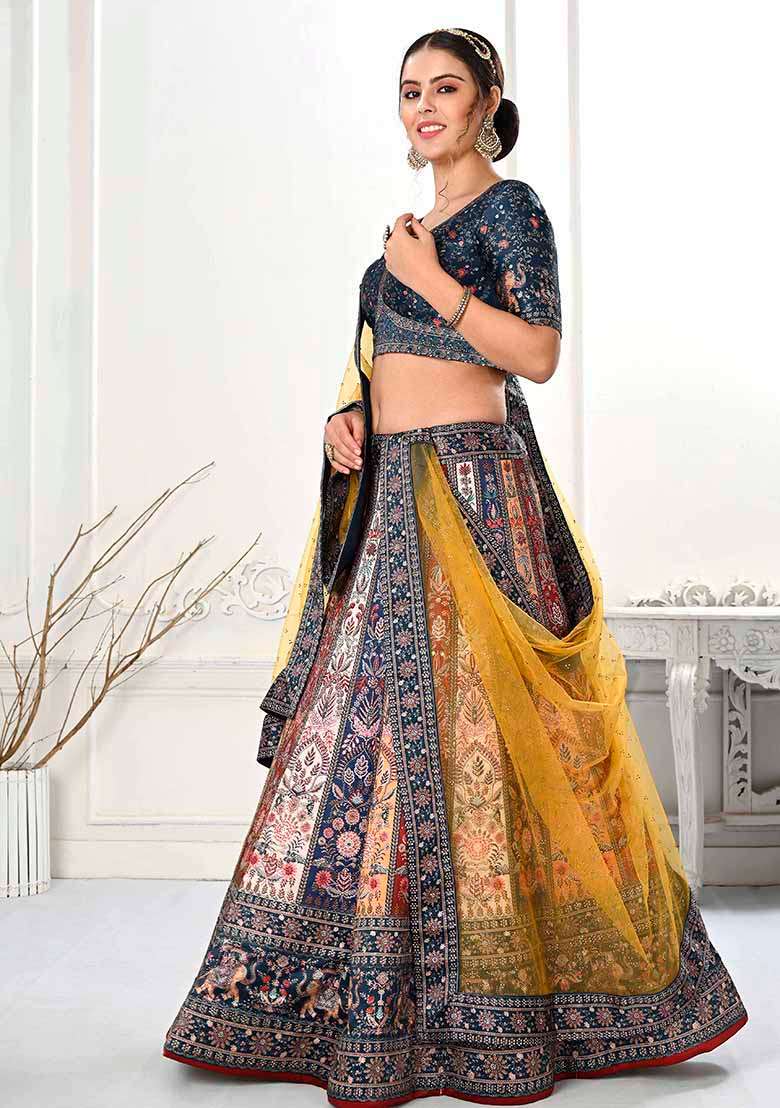 Multicolour Printed Silk Blend Lehenga Set - Indya