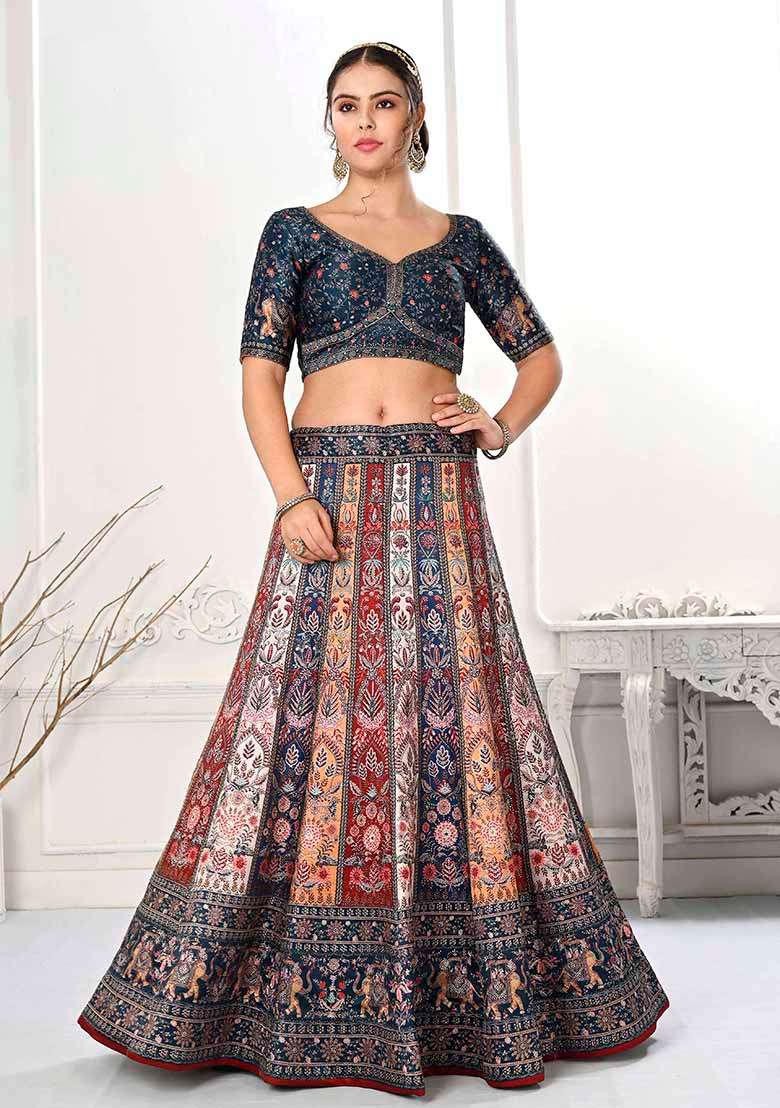 Multicolour Printed Silk Blend Lehenga Set - Indya