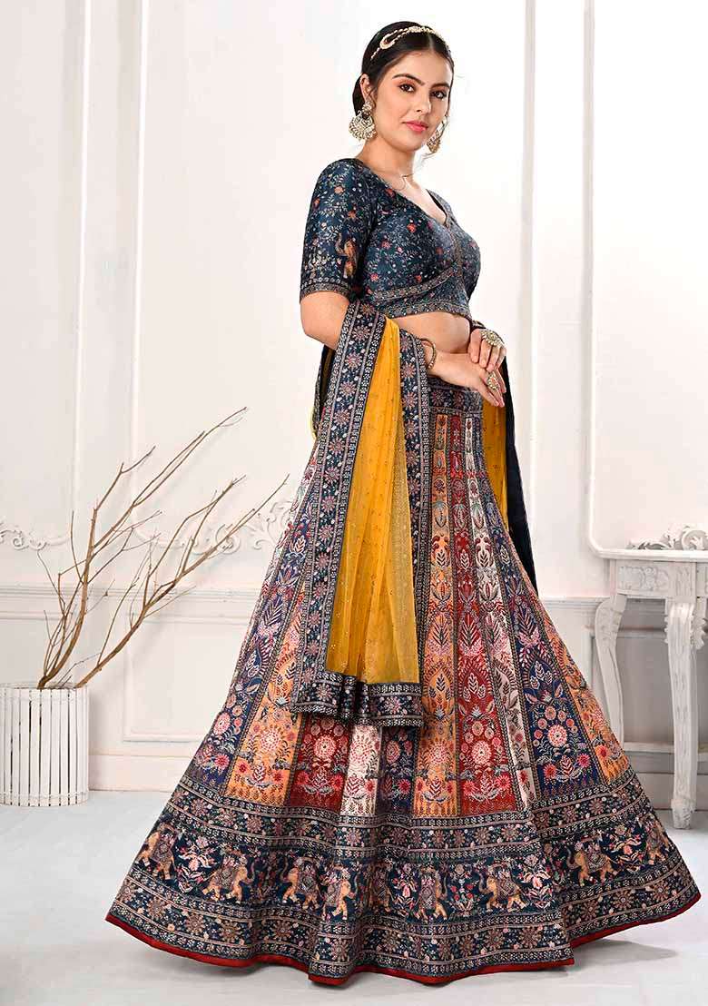 Multicolour Printed Silk Blend Lehenga Set - Indya