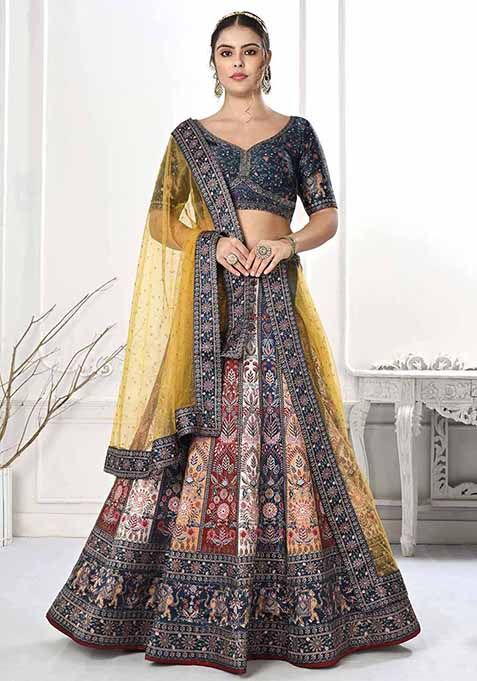 Multicolour Printed Silk Blend Lehenga Set