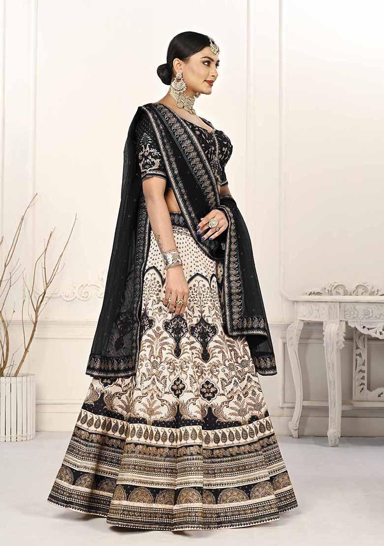Black Printed Silk Blend Lehenga Set