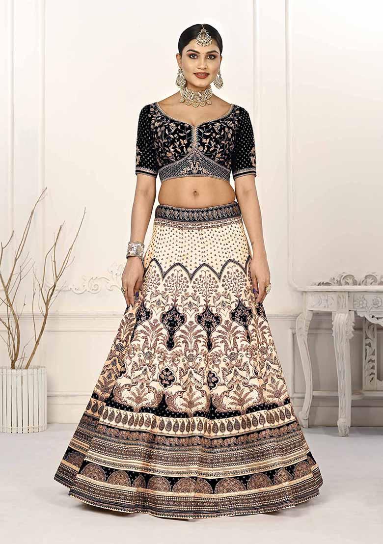 Black Printed Silk Blend Lehenga Set
