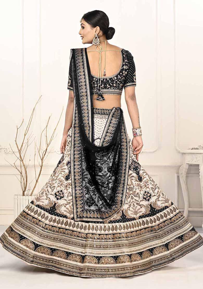 Black Printed Silk Blend Lehenga Set