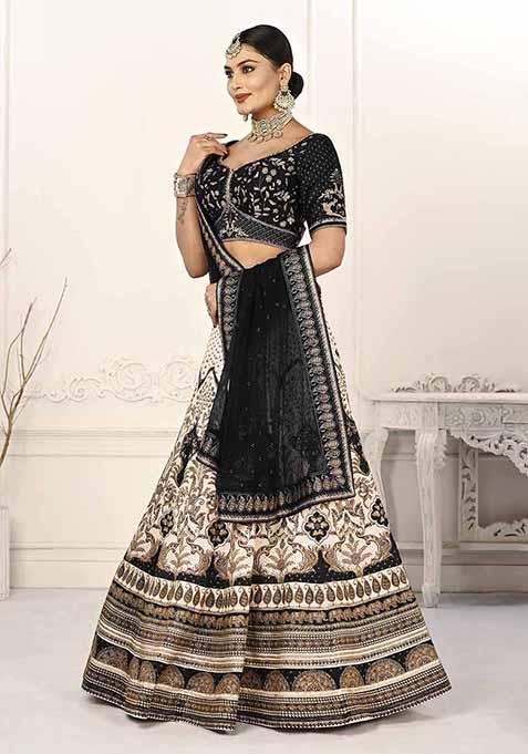 Black Printed Silk Blend Lehenga Set