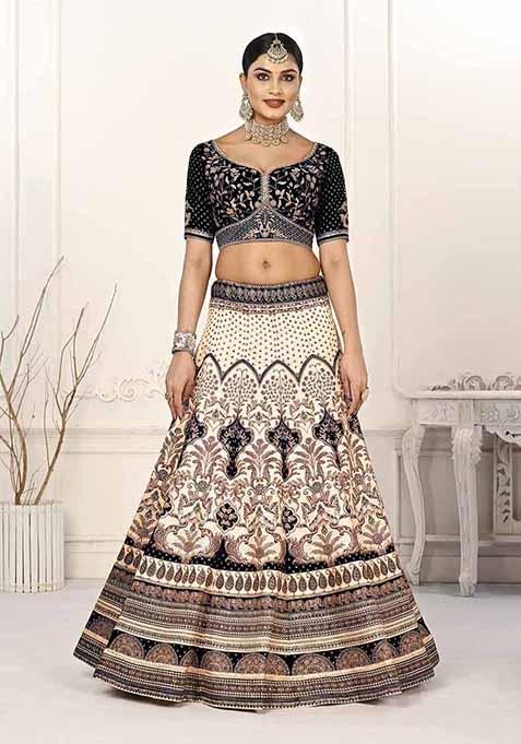 Black Printed Silk Blend Lehenga Set