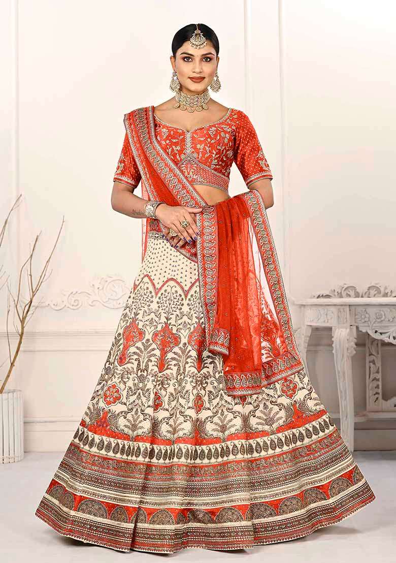 Orange Digital Print Silk Blend Lehenga Set - Indya