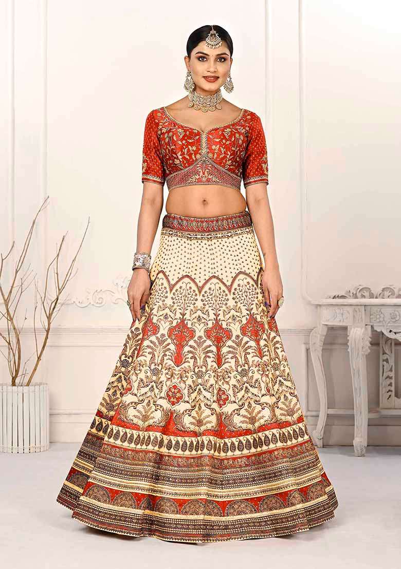 Orange Digital Print Silk Blend Lehenga Set - Indya