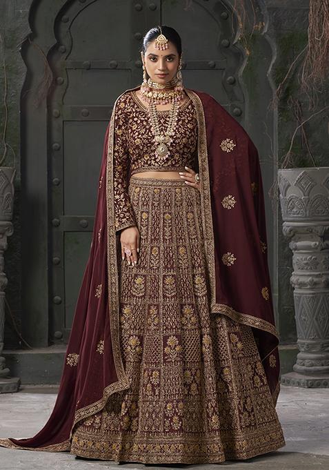 Maroon Embroidered Georgette Lehenga Set