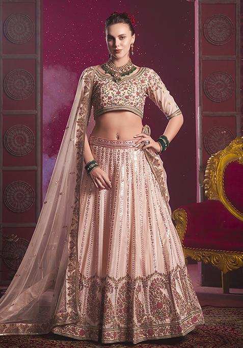 Peach Embroidered Silk Lehenga Set