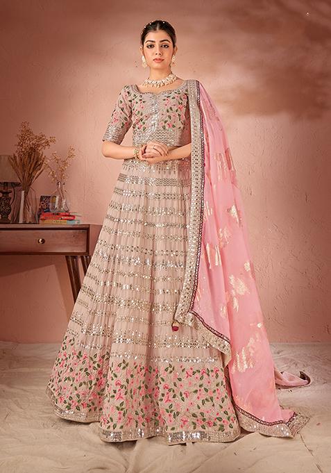 Beige Embroidered Georgette Lehenga Set