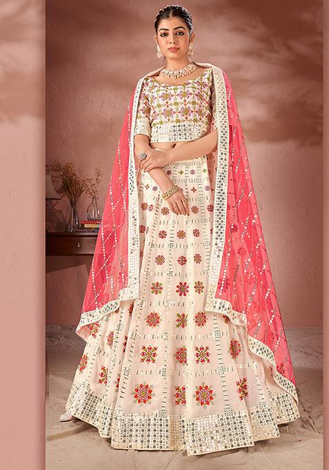 Off White Embroidered Georgette Lehenga Set