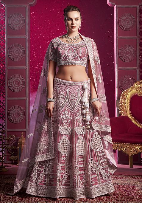 Pink Embroidered Net Lehenga Set