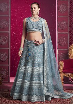 Blue Embroidered Net Lehenga Set