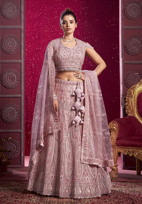 Peach Embroidered Net Lehenga Set