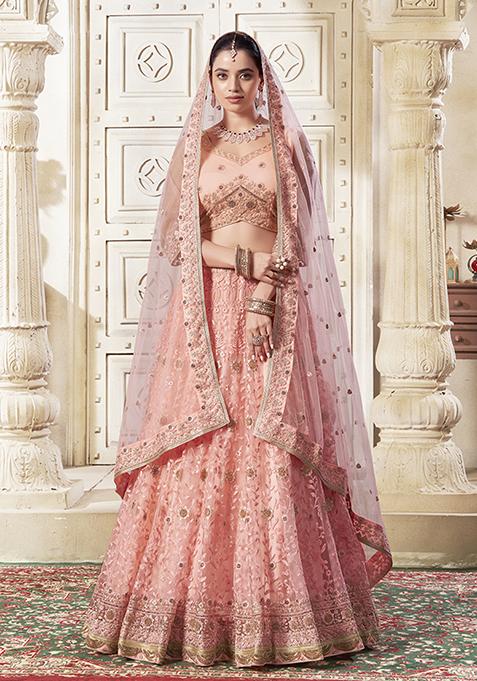 Peach Embroidered Net Lehenga Set