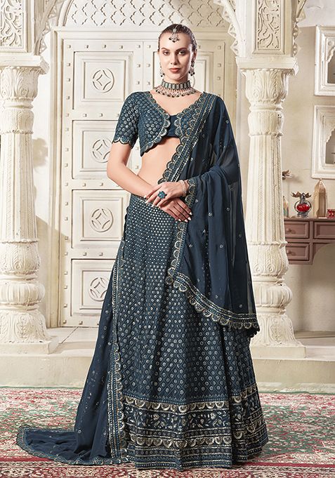 Dark Teal Embroidered Georgette Lehenga Set