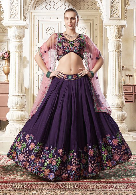 Wine Embroidered Silk Lehenga Set