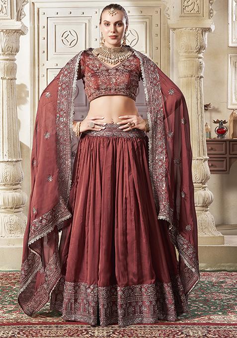 Brown Embroidered Silk Lehenga Set