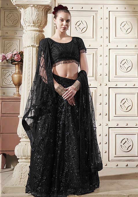 Black Embroidered Net Lehenga Set