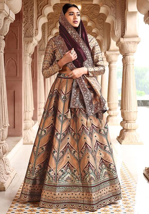 Light Beige Zari Woven Silk Lehenga Set