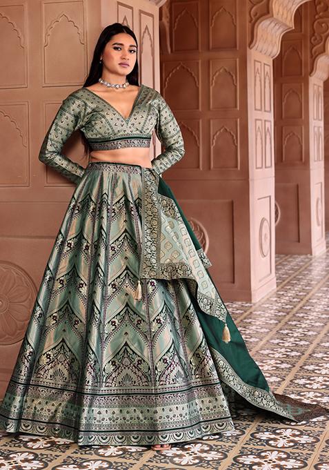 Light Green Zari Woven Silk Lehenga Set