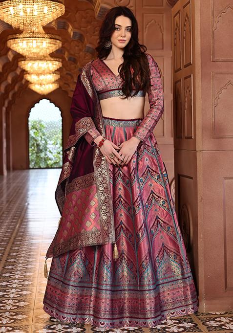 Light Pink Zari Woven Silk Lehenga Set